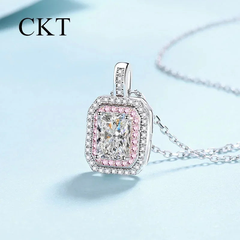 18K White Gold Platinum Pt950 1 Carat Moissanite Necklace Pendants for Women Bag Square Sugar Collar Simple Chain Fine Jewelry