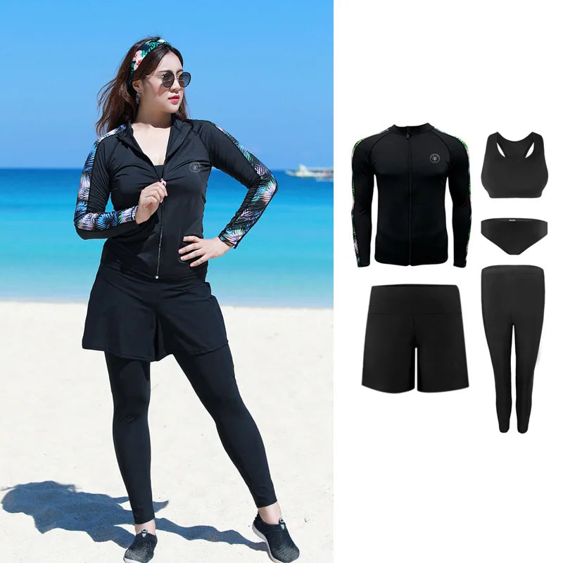 5pcs/set Women’s Plus Size Long Sleeve Rash Guard Tight Fit Swim Shirt Pants Sun Protection Swimsuit Tops+Bottoms Full Body