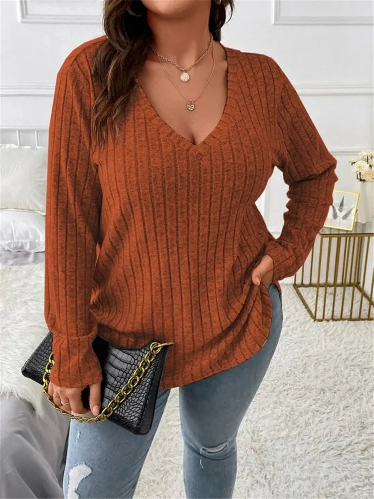 Women's Plus Size Clothing Long Sleeve T-Shirt Casual Fashion V Neck Striped Knitted Tops Spring Ladies Solid Loose T Shirts 5XL