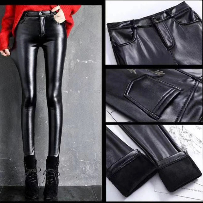 Cashmere PU Leather Pants Women's Autumn/Winter 2024 Thickened and Fleece High-Waisted Slim Fit Tight Warm Pants Leggings Black