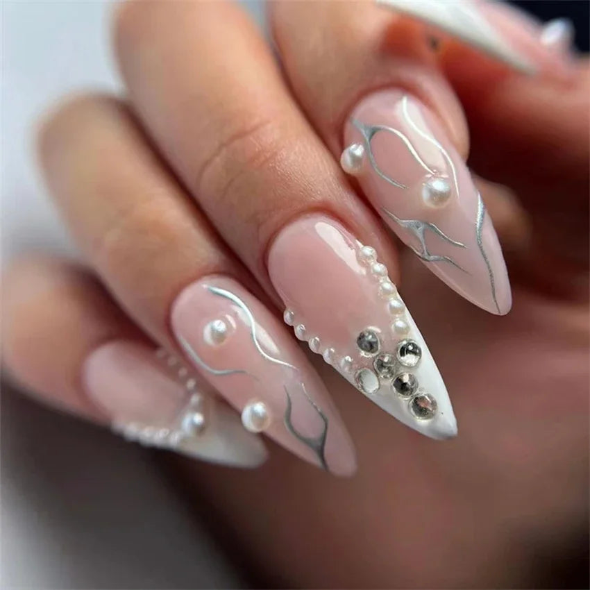 24Pcs/Set Press on Nails False Nails with Flower Design Long Coffin French Ballerina Fake Nails Art Full Cover Acrylic Nail Tips