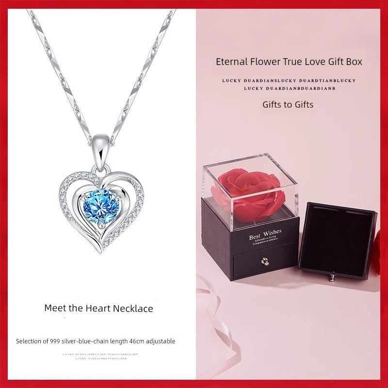 Ocean Heart Necklace Women's Pure Silver Gift Exquisite Fancy Accessible Luxury Sapphire Accessories All-Match Blue Pendant