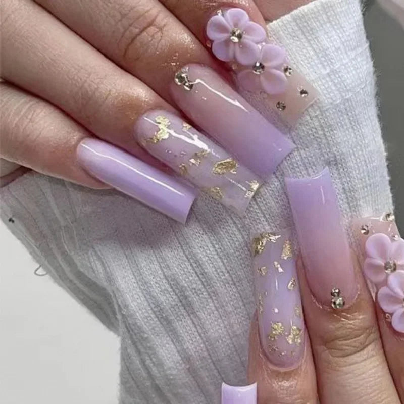 24Pcs/Set Press on Nails False Nails with Flower Design Long Coffin French Ballerina Fake Nails Art Full Cover Acrylic Nail Tips