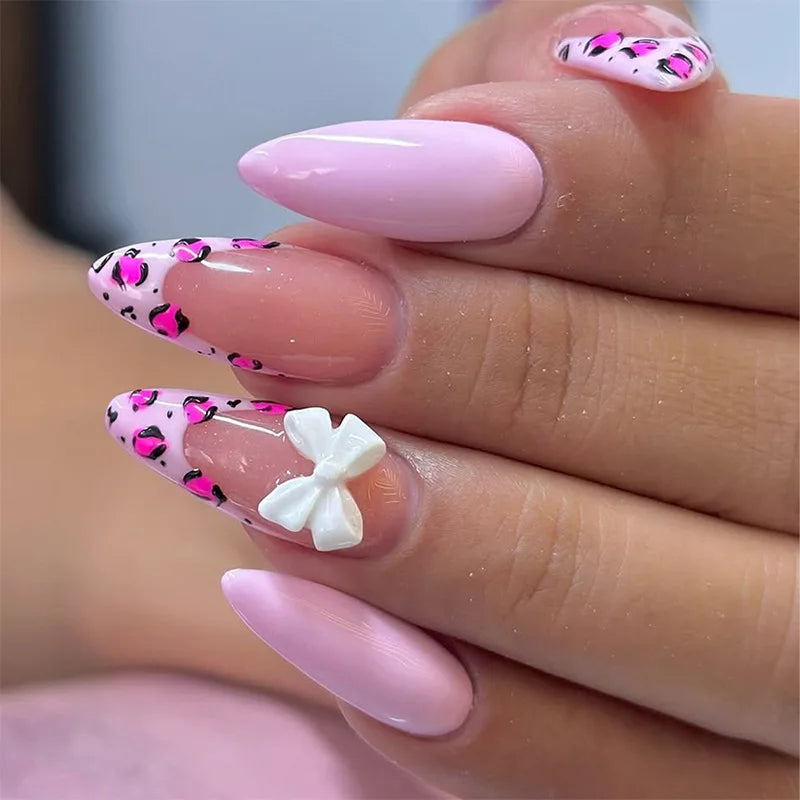 24Pcs Pink French Style Fake Nails 3D Bowknot Designs Short Square Press on Nails Sweet Korean Fashion False Nail for Women Girl