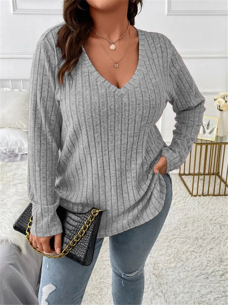 Women's Plus Size Clothing Long Sleeve T-Shirt Casual Fashion V Neck Striped Knitted Tops Spring Ladies Solid Loose T Shirts 5XL