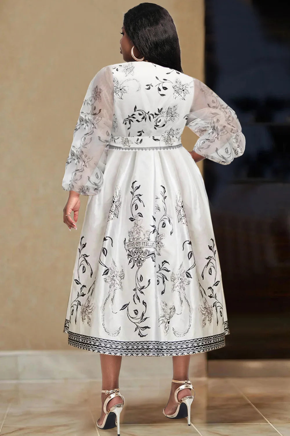 Plus Size Business Casual White Floral Wrap Neck Lantern Sleeve Long Sleeve Pocket Satin Midi Dresses