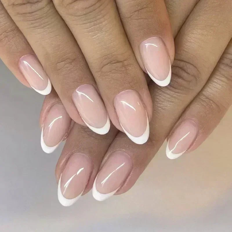 24Pcs French False Nails Almond Fake Nails with Glue Press on White Edge Design Wearable Simple Ins Pink Stiletto Nail Tips