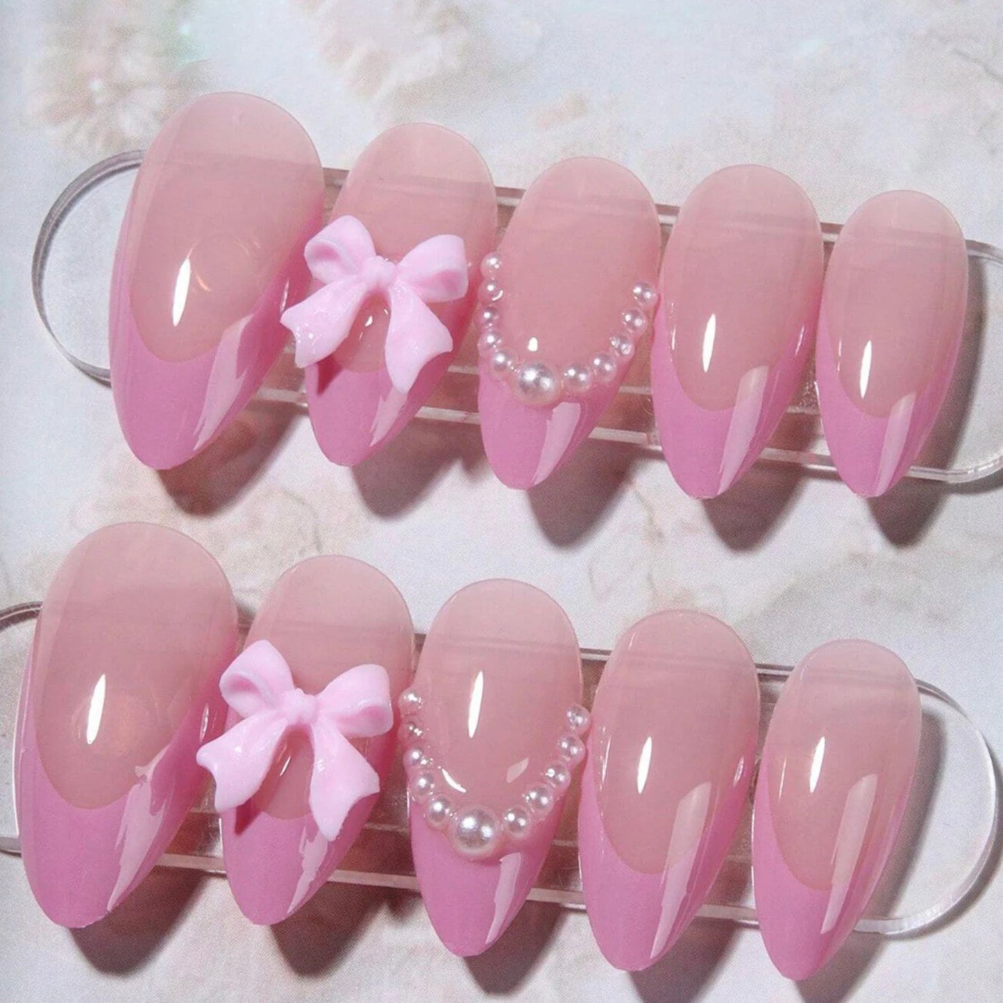 24pcs Sweet False Nail Patches Detachable Fake Nail Tips With Bowknots Love Heart Pearl Design Pink Almond Korean Press On Nail