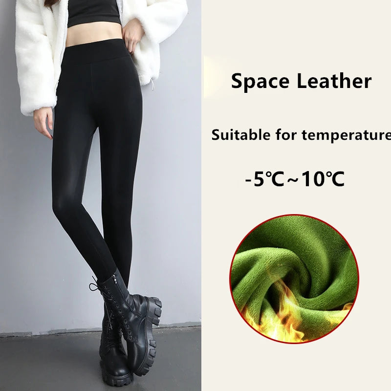 Winter Pu Leather Fleece Lined Leggings Pant Women High Waist Thicken Warm Lamb Fluff Slim Pencil Leggins Black Pantalones