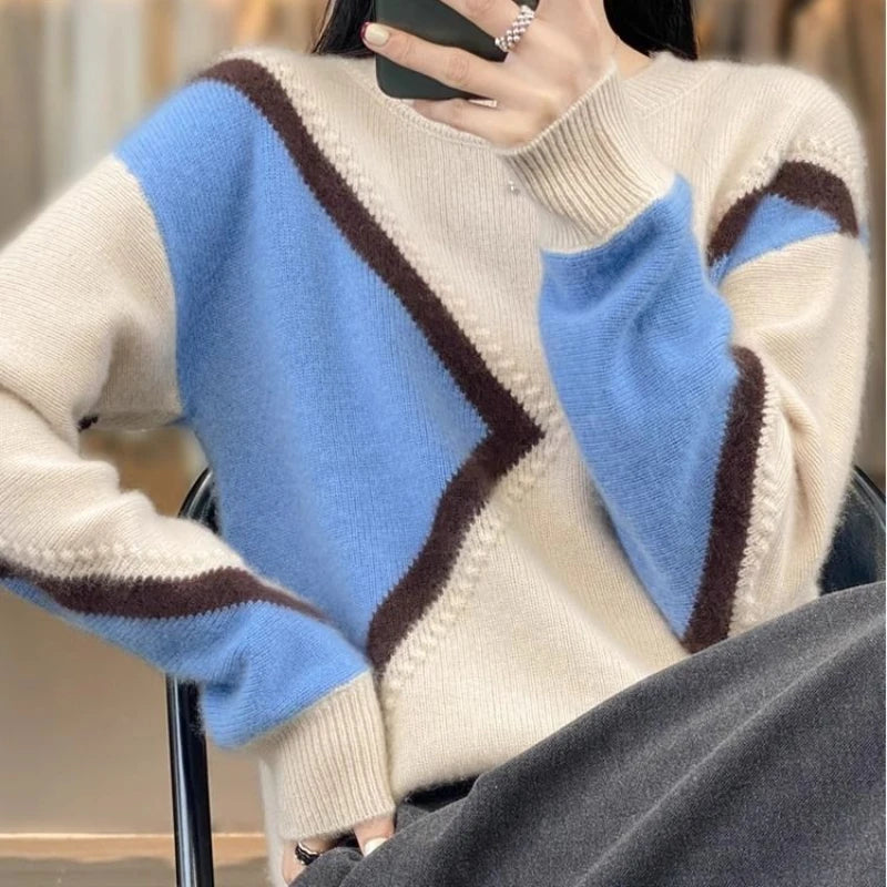 100% Pure Cashmere Sweater Women's Color-Block Plus Size Crew Neck Sweater Loose Thick Knitted Base Pullover Korean Fashion