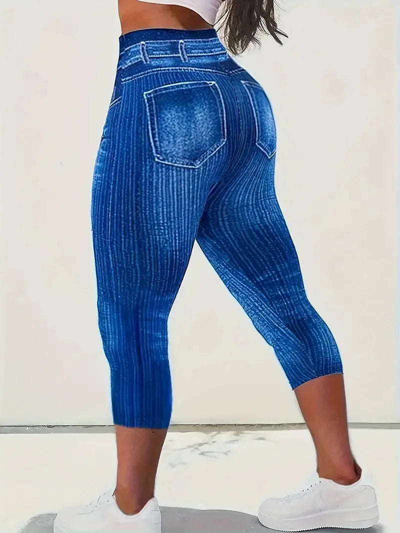 Women's 1XL-5XL Plus Size High Rise Denim Print Capri Leggings with Slight Stretch Sporty and Stylish Comfort Print