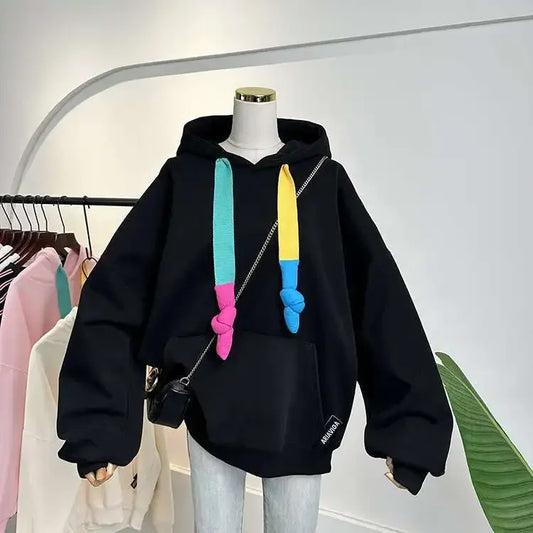 Candy-colored hooded sweater women 2024 autumn and winter new Korean fashion color drawstring loose plus size coat