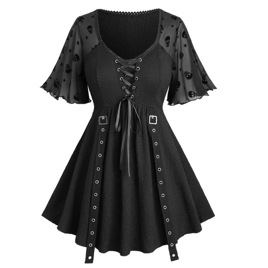 ROSEGAL Plus Size Women's T-Shirt Black Skulls Stars Mesh Flocking Sleeves Lace Up Buckle Grommet Straps Crinkle Tops Costumes