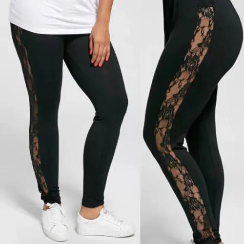 L-3XL Plus Size Trousers For Women Fashion Casual Black Slimming High Waist Lace Patchwork See Through Leggings Pants 2023