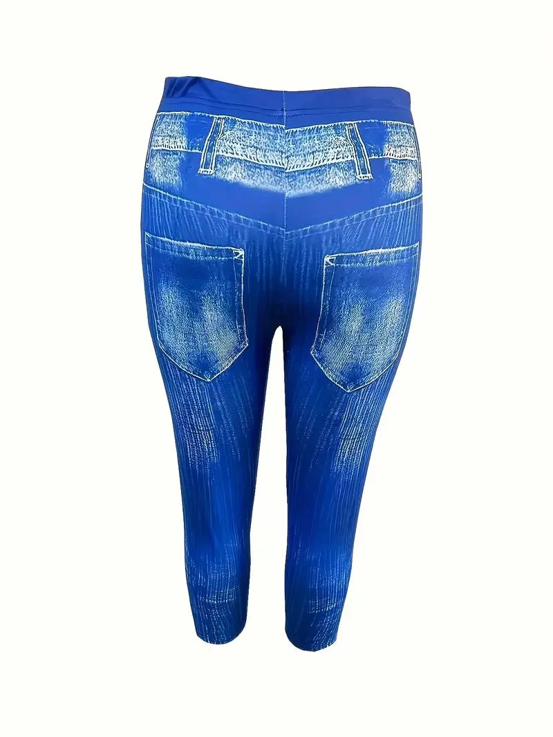 Women's 1XL-5XL Plus Size High Rise Denim Print Capri Leggings with Slight Stretch Sporty and Stylish Comfort Print