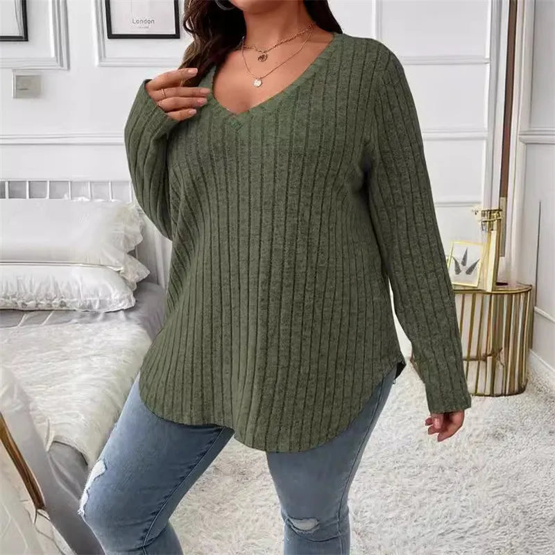 Women's Plus Size Clothing Long Sleeve T-Shirt Casual Fashion V Neck Striped Knitted Tops Spring Ladies Solid Loose T Shirts 5XL