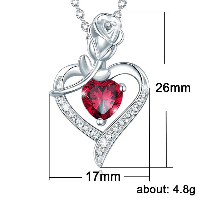 Huitan Red Heart CZ Pendant Necklace with Rose Flower Anniversary Gift for Lover/Mom 2023 New Design Women Jewelry Mother's Day