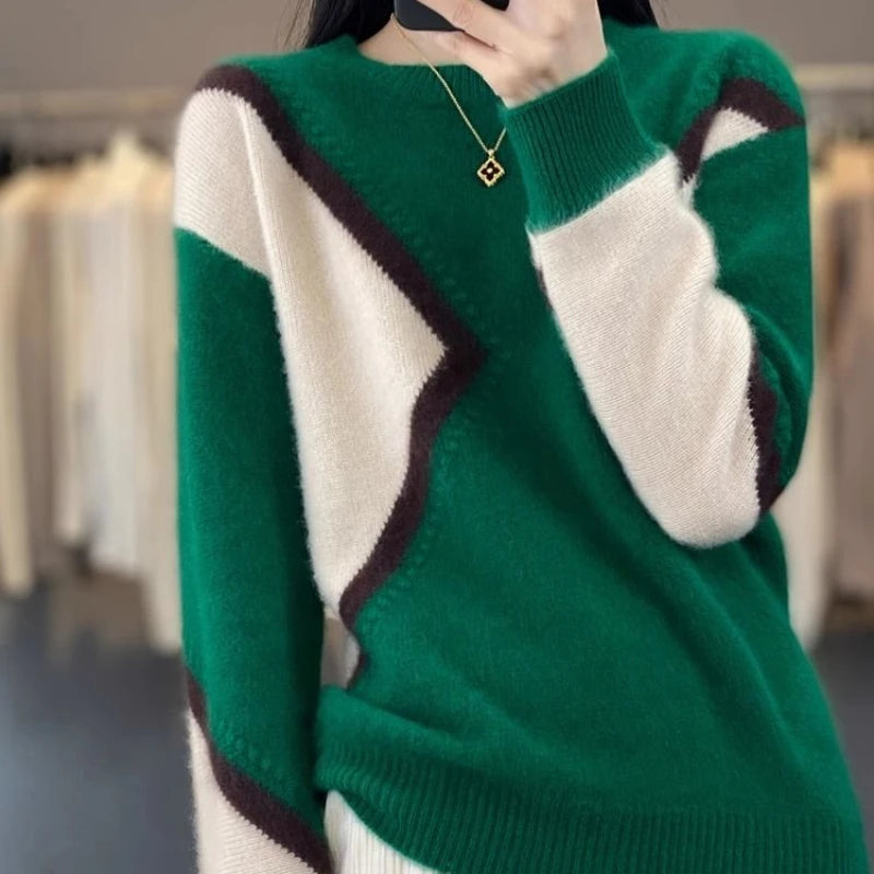 100% Pure Cashmere Sweater Women's Color-Block Plus Size Crew Neck Sweater Loose Thick Knitted Base Pullover Korean Fashion