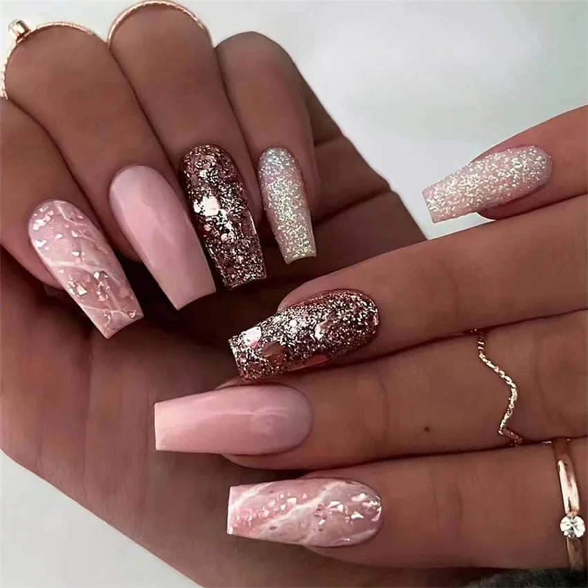 24Pcs/Set Press on Nails False Nails with Flower Design Long Coffin French Ballerina Fake Nails Art Full Cover Acrylic Nail Tips