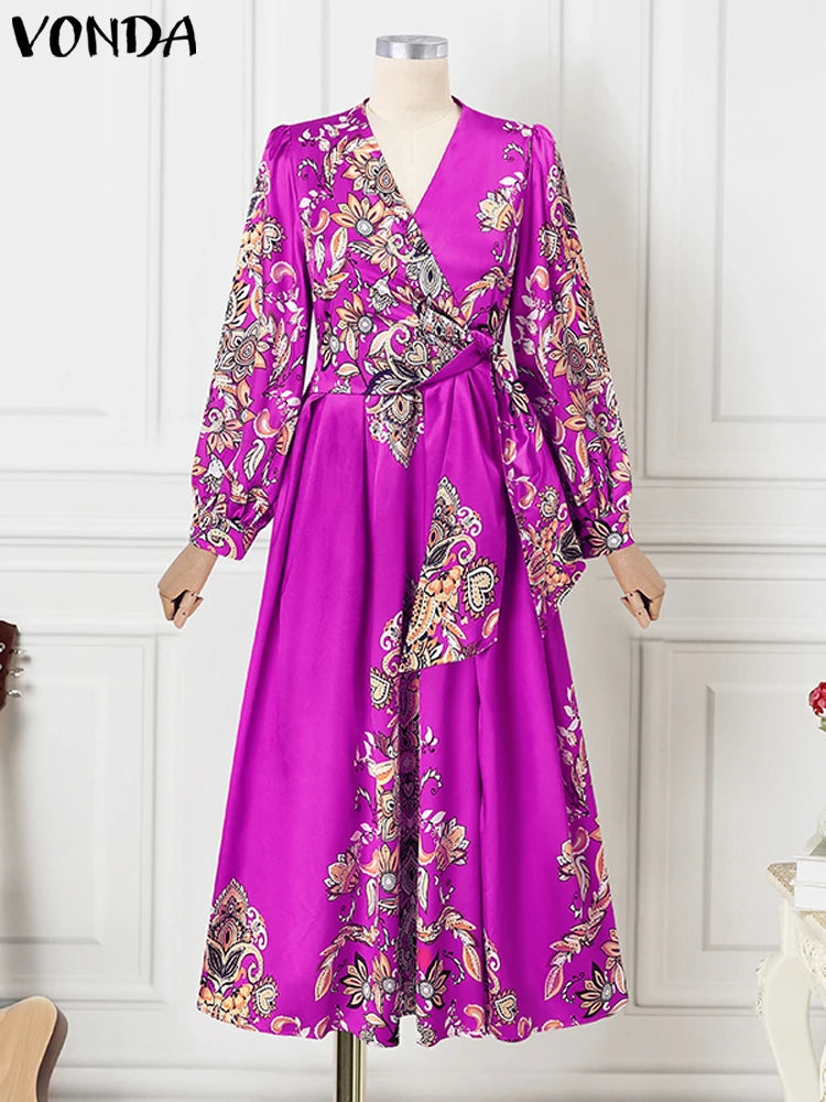 Plus Size VONDA Women Satin Silk Dress 2024 Bohemian Printing Long Lantern Sleeve Vestidos Elegant Sundress Casual V-Neck Robe