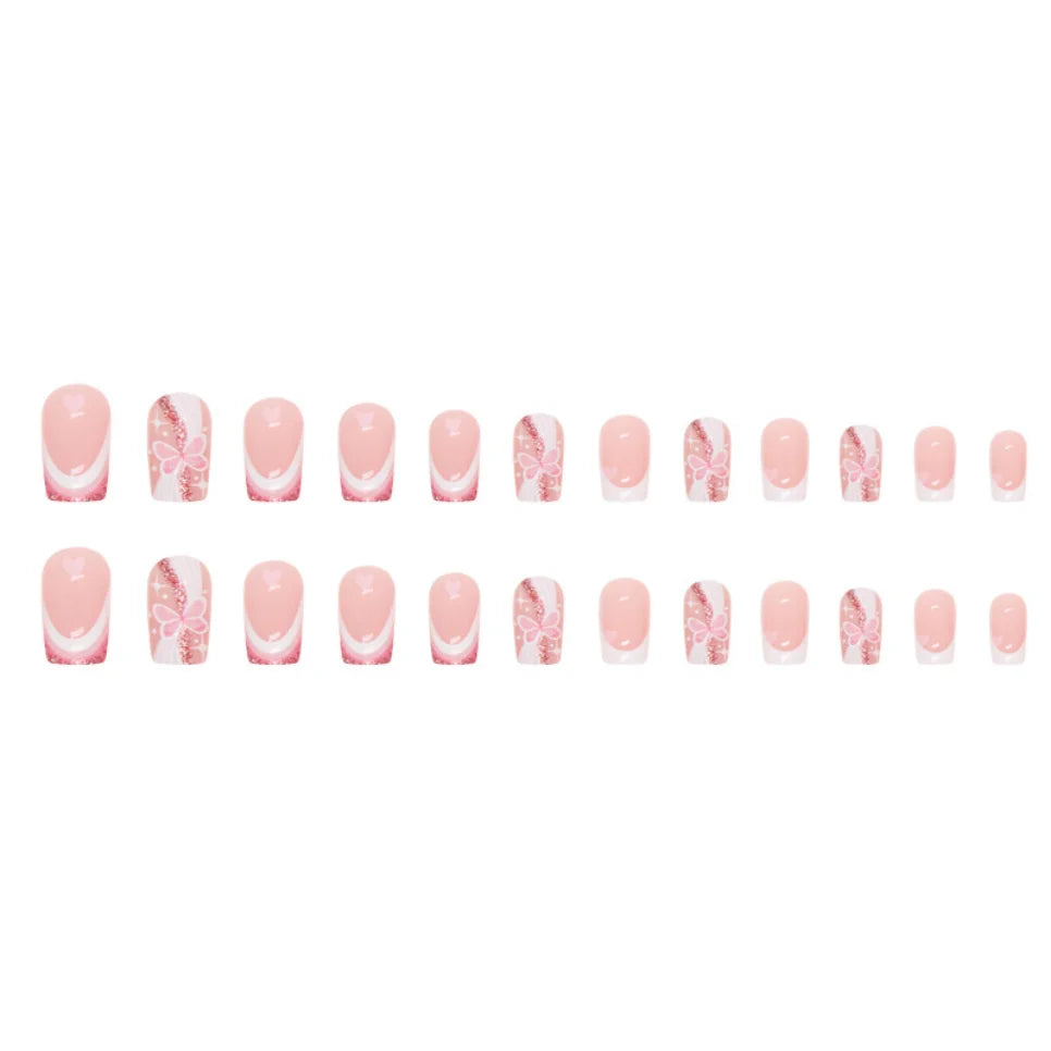 24Pcs/Set Butterfly Love Design Fake Nails White Pink Medium Length European Square False Nails Wearable Press on Nail for Women