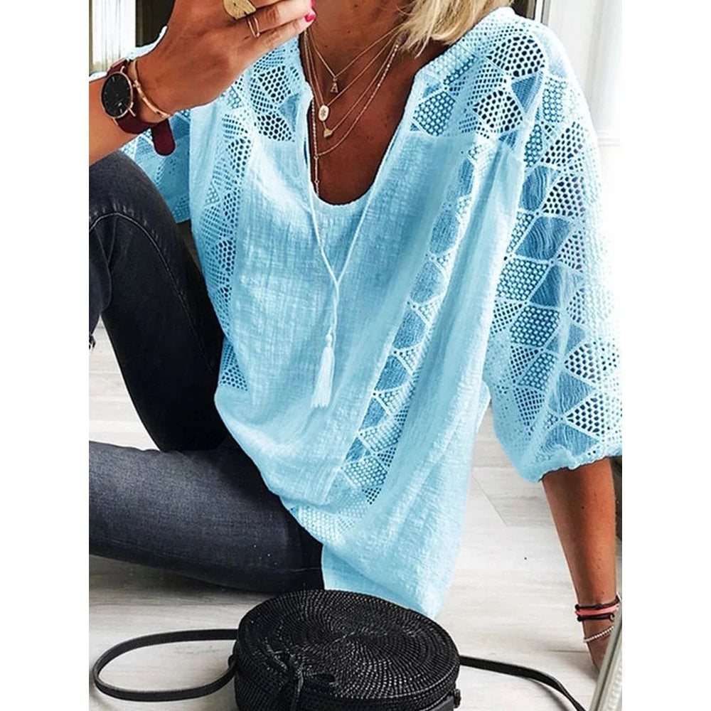 Plus Size L-5XL Blouse Cotton Linen Patchwork Lace U-neck Women Draw String Hollow Tops Summer Elegant Three Quarter Sleeve Tees