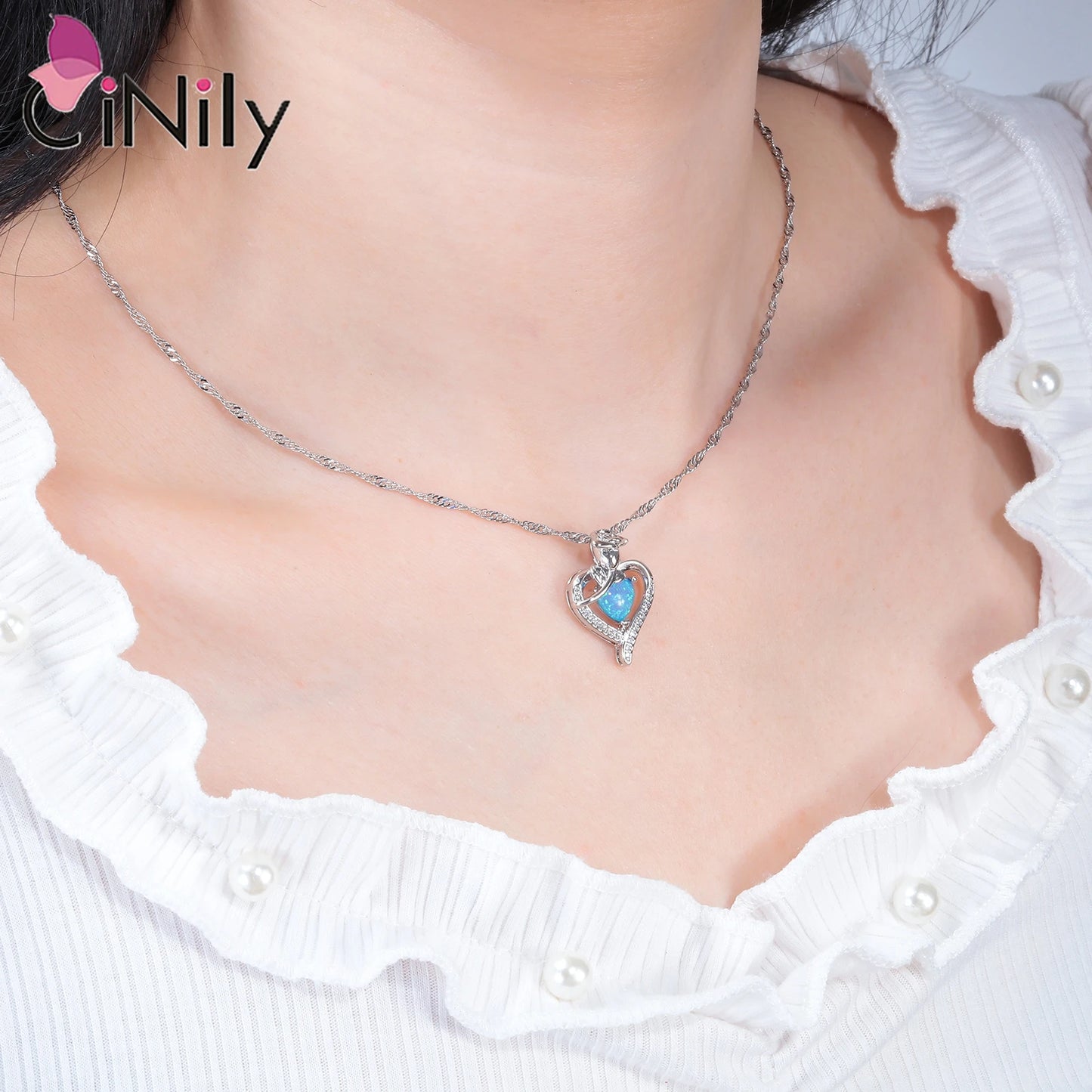 CiNily Heart Love Opal Necklace for Women Silver Plated Rose Pendant Flower Necklaces for Mother Day Gifts Jewelry With Chain