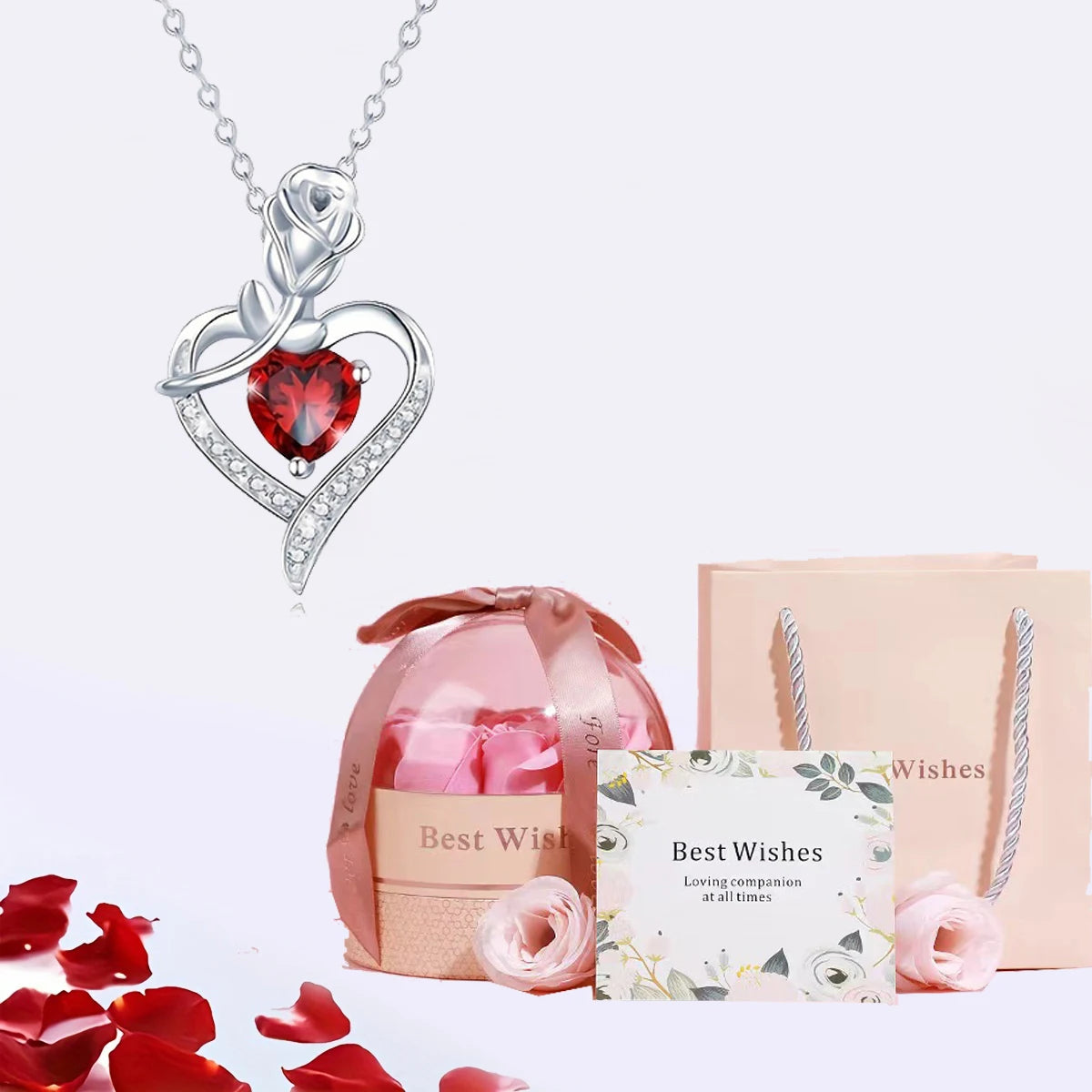 Red Heart Zircon Pendant Necklaces With Luxury Pink Rose Flower Gift Box For Women 2024 New Mother's Day Gifts Romantic Jewelry