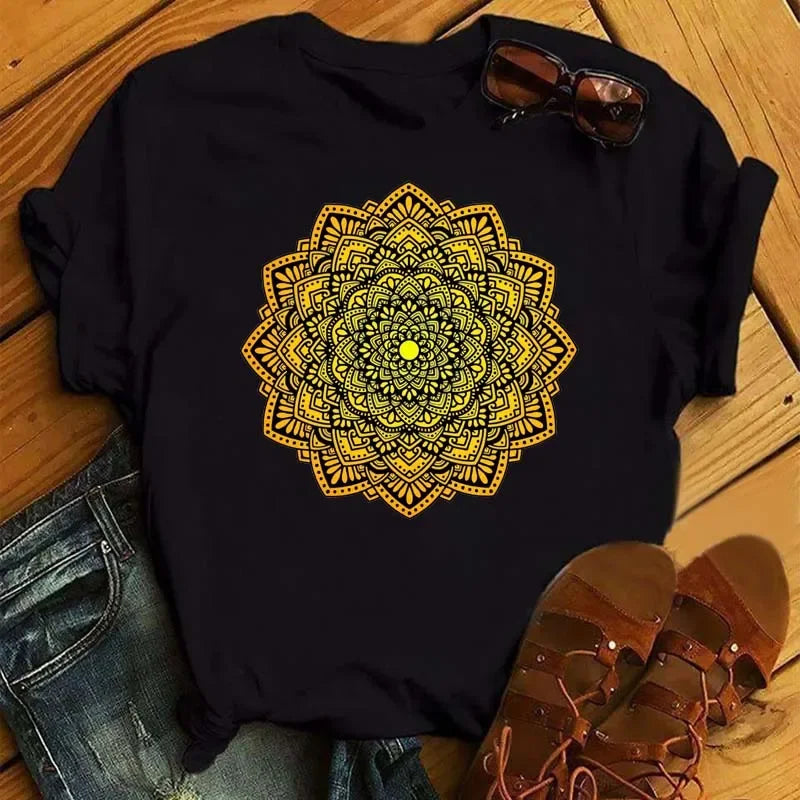 Plus Size Maycaur New Mandala Floral Printed T Shirt Women Casual Fashion T-shirt Loose Short Sleeve 90s Girls Aesthetics Top