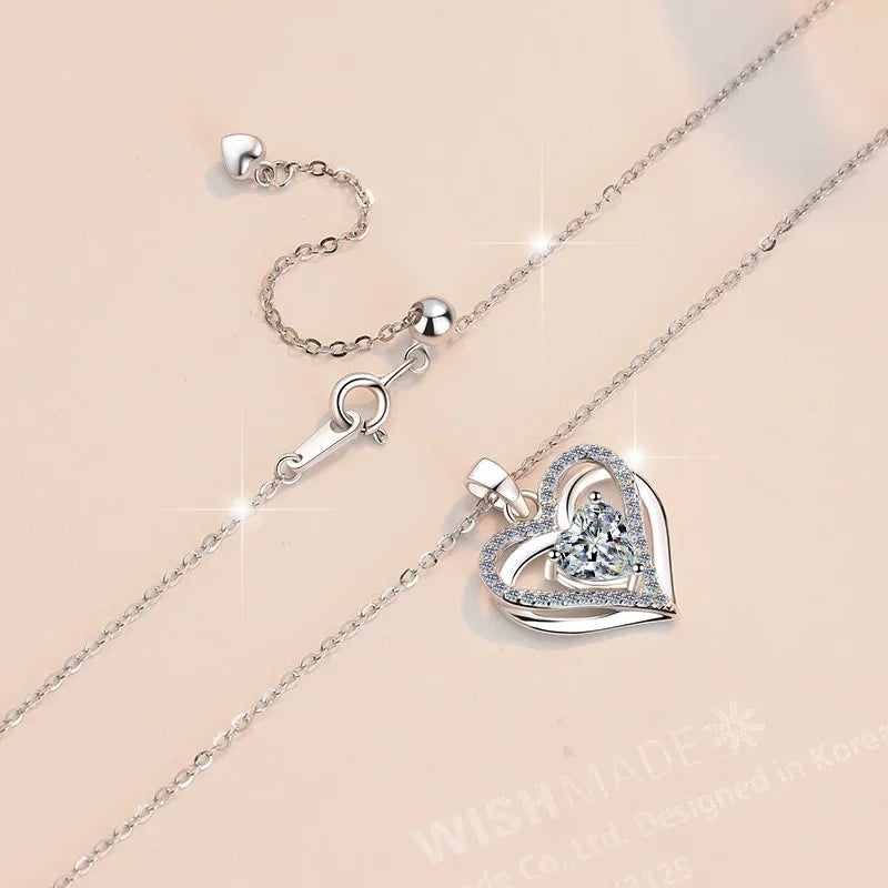 ZFSILVER Fashion Trendy Classic s925 Silver Luxury Moissanite Double Heart Necklace Women Accessories Party Jewelry Gifts HK0100