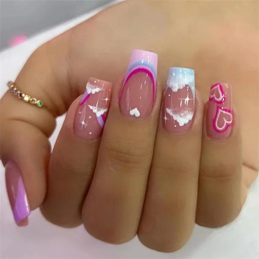 24Pcs/Set Press on Nails False Nails with Flower Design Long Coffin French Ballerina Fake Nails Art Full Cover Acrylic Nail Tips