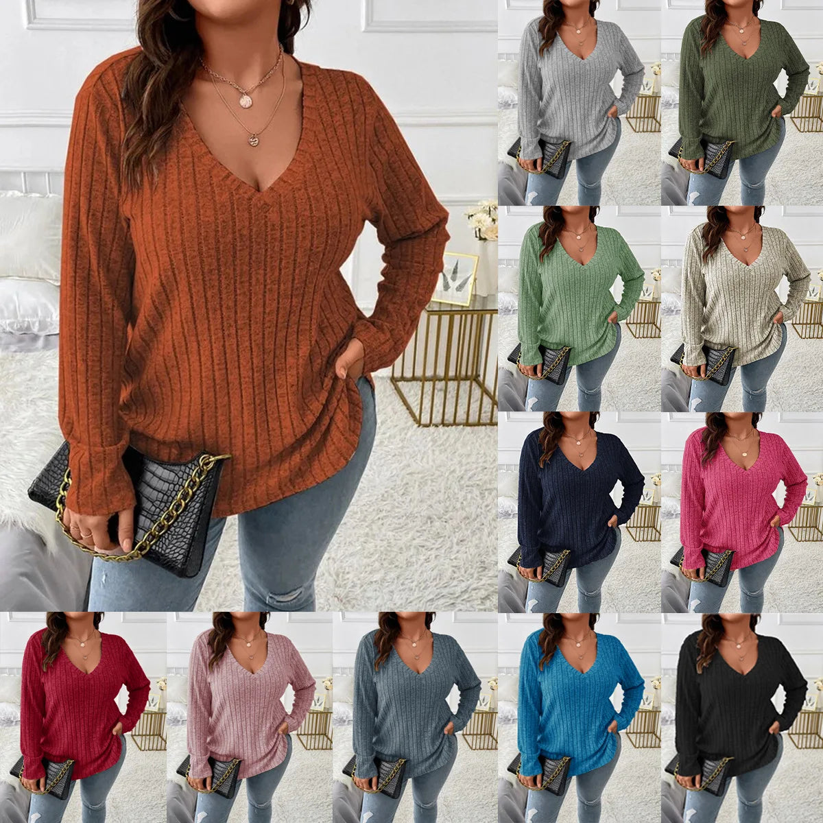 Women's Plus Size Clothing Long Sleeve T-Shirt Casual Fashion V Neck Striped Knitted Tops Spring Ladies Solid Loose T Shirts 5XL