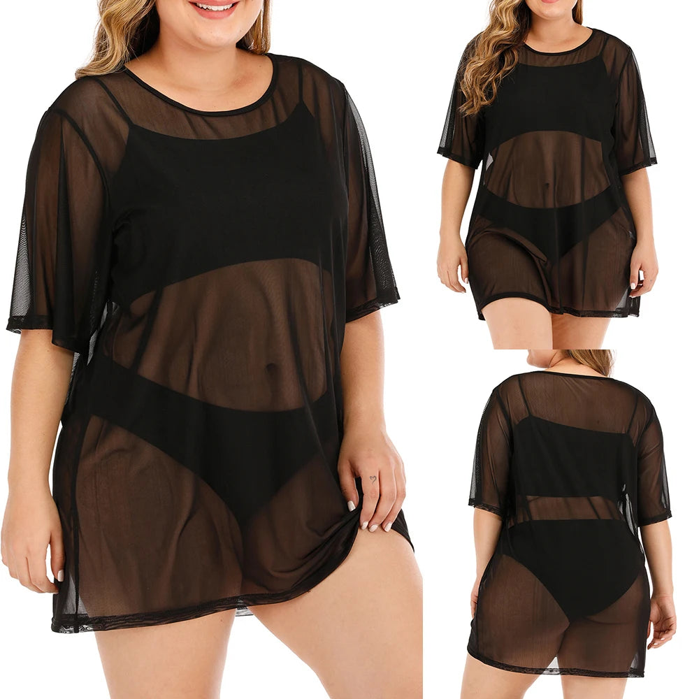 XL- 5XL Summer Women Swimsuit Cover Up Plus Size Transparent Coverup Solid Color Short Sleeve Mesh Beach Wear Swimwear Cover Up