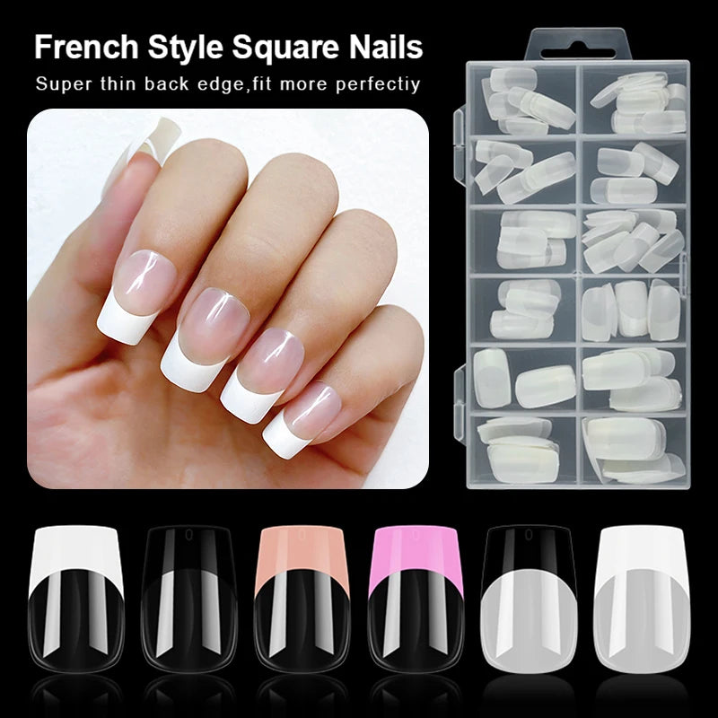 120pcs French Style Press On Nails Long Square Full Cover False Nails Artificial Fake Nail Art Tips Capsules Extension Tools