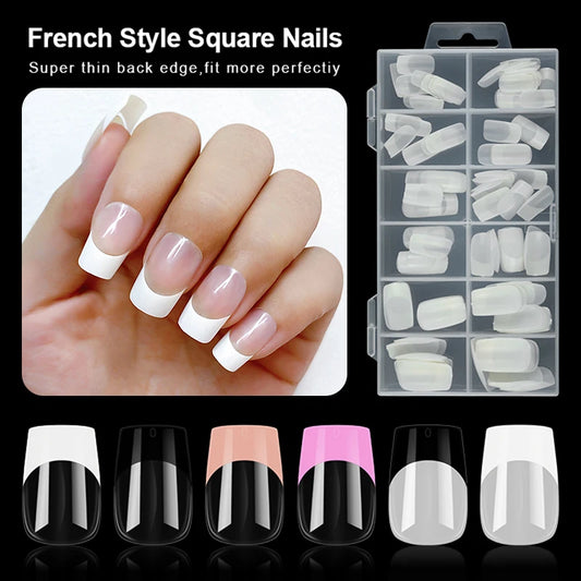 120pcs French Style Press On Nails Long Square Full Cover False Nails Artificial Fake Nail Art Tips Capsules Extension Tools