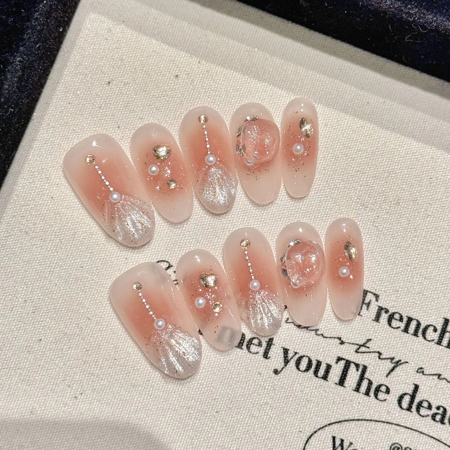 10pcs Handmade Mermaid False Nails 3D Summer Ocean Pearl Diamond Designs Press On Nails Aurora Blue Pink Almond Fake Nail Tips