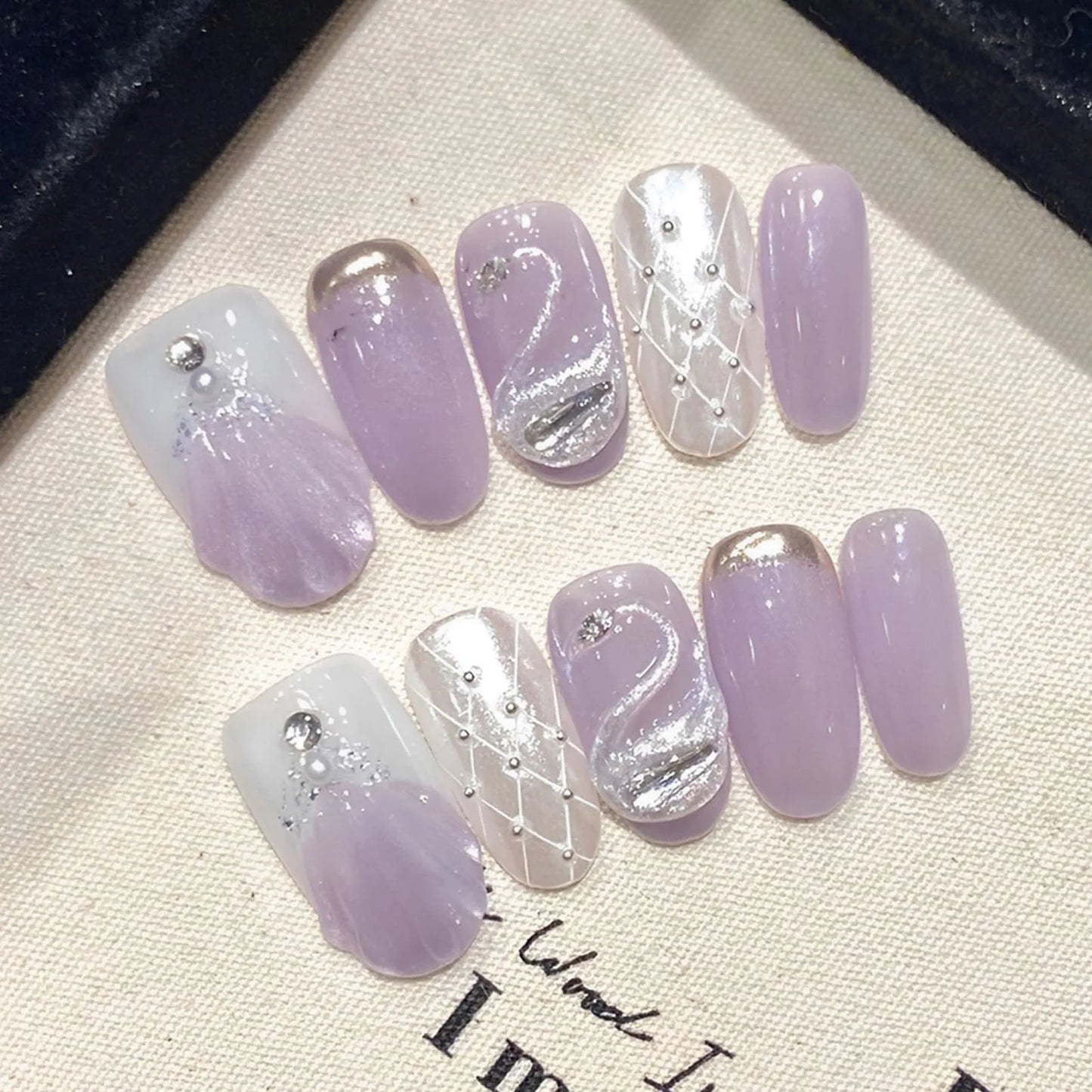 10pcs Handmade Mermaid False Nails 3D Summer Ocean Pearl Diamond Designs Press On Nails Aurora Blue Pink Almond Fake Nail Tips