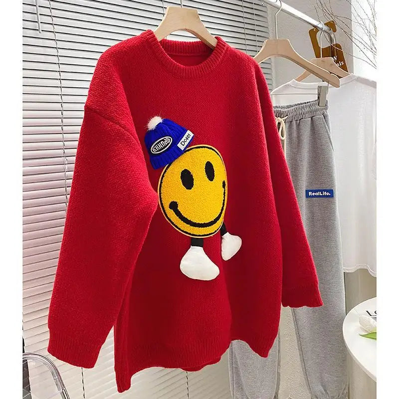 2023 New Women's Coat Smiling Face Sweater Knit Tops Plus Size Autumn Clothing Pullovers Korean Style Clothes Sweaters Jumpers