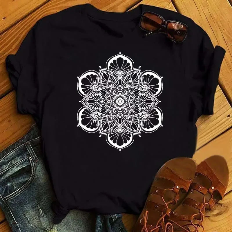 Plus Size Maycaur New Mandala Floral Printed T Shirt Women Casual Fashion T-shirt Loose Short Sleeve 90s Girls Aesthetics Top