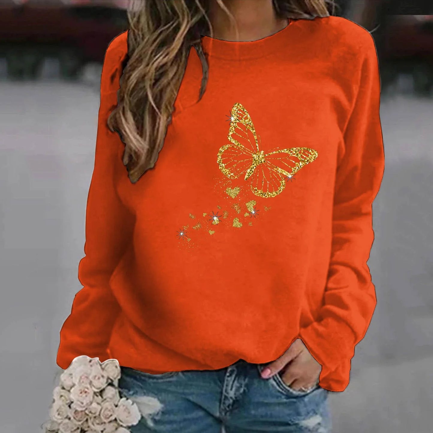 Fuuny Butterfly Printed Women Sweater Autumn And Winter Fashion Ladies Long Sleeve Sweatshirt Plus Size Hoodless Sweatshirt