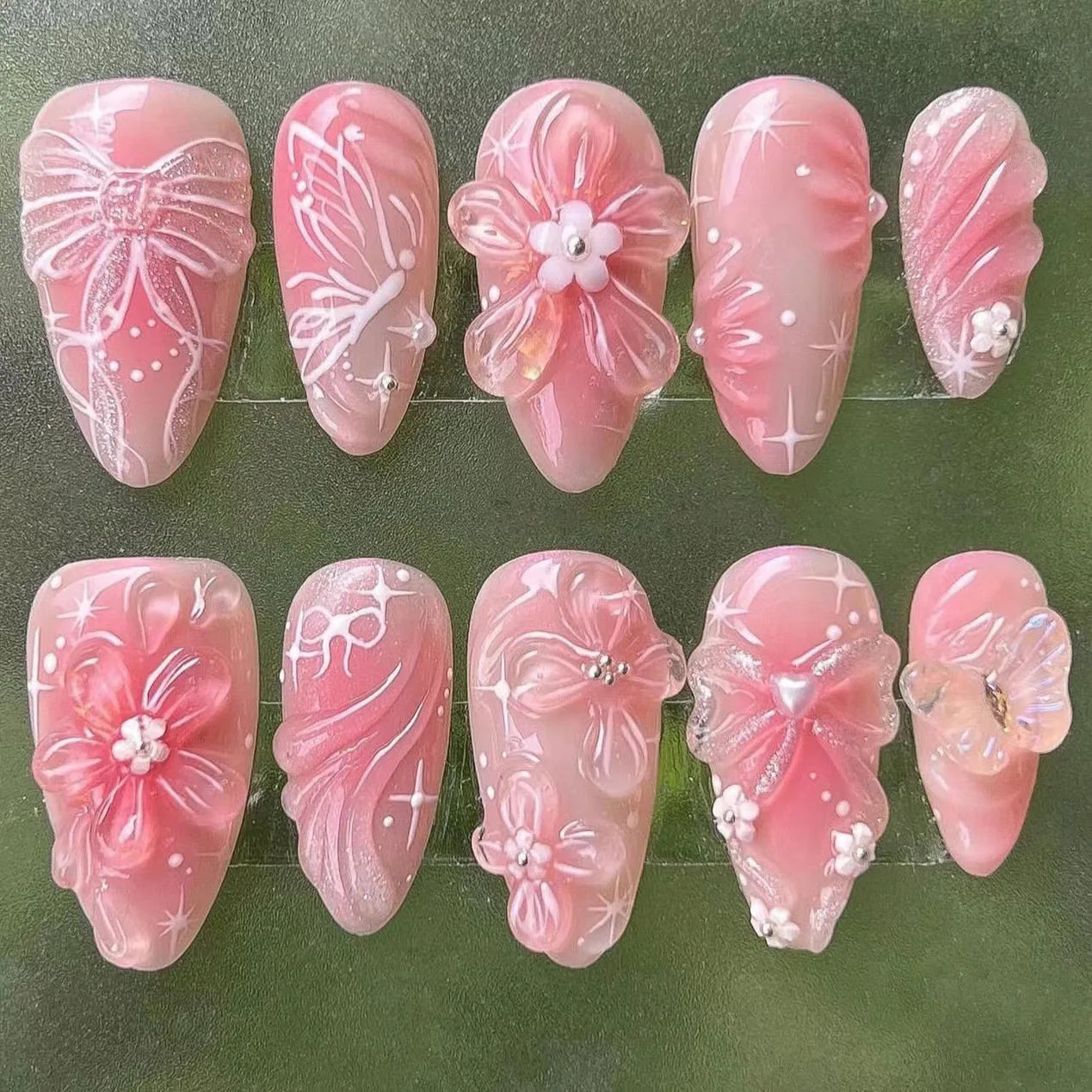 24pcs Sweet False Nail Patches Detachable Fake Nail Tips With Bowknots Love Heart Pearl Design Pink Almond Korean Press On Nail