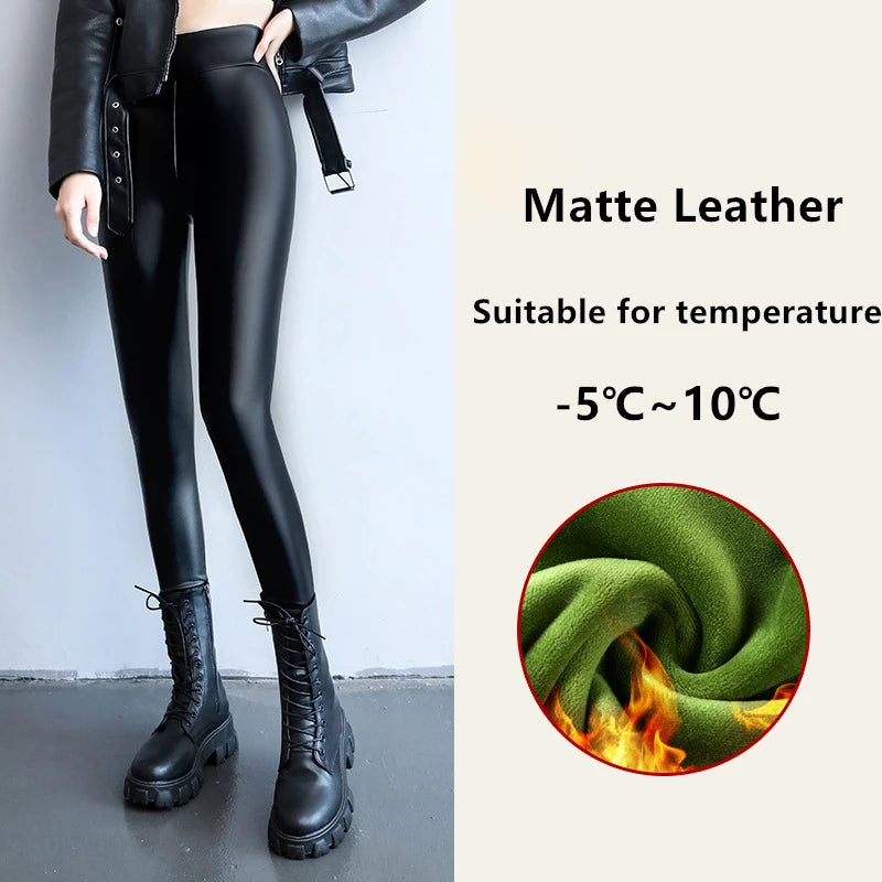 Winter Pu Leather Fleece Lined Leggings Pant Women High Waist Thicken Warm Lamb Fluff Slim Pencil Leggins Black Pantalones