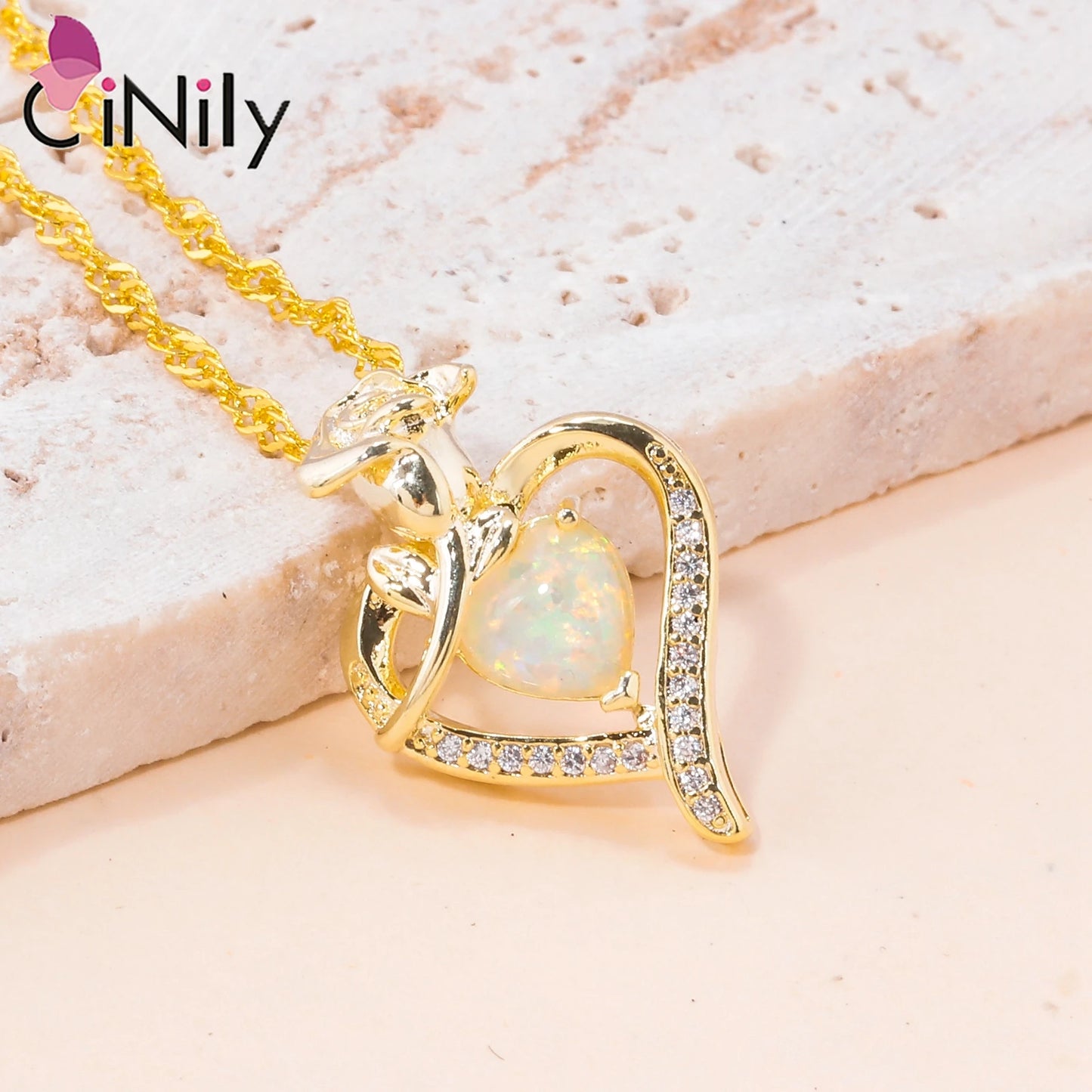 CiNily Heart Love Opal Necklace for Women Silver Plated Rose Pendant Flower Necklaces for Mother Day Gifts Jewelry With Chain