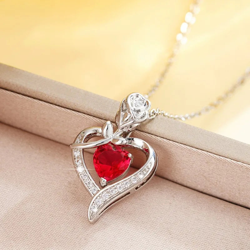 Huitan Red Heart CZ Pendant Necklace with Rose Flower Anniversary Gift for Lover/Mom 2023 New Design Women Jewelry Mother's Day