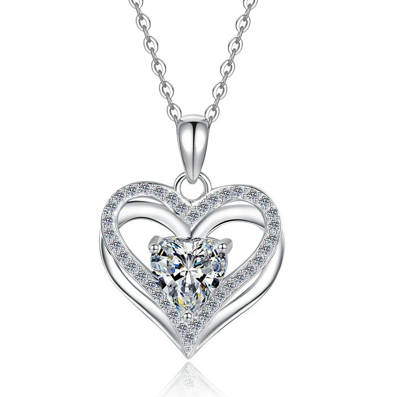 ZFSILVER Fashion Trendy Classic s925 Silver Luxury Moissanite Double Heart Necklace Women Accessories Party Jewelry Gifts HK0100