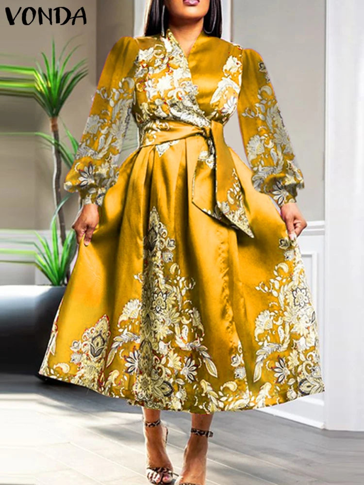 Plus Size VONDA Women Satin Silk Dress 2024 Bohemian Printing Long Lantern Sleeve Vestidos Elegant Sundress Casual V-Neck Robe