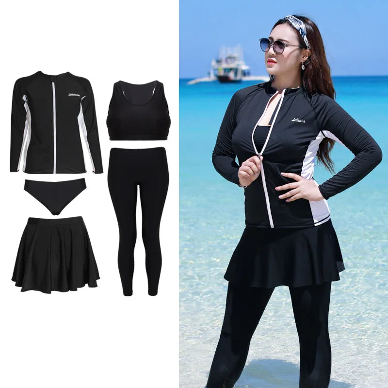 5pcs/set Women’s Plus Size Long Sleeve Rash Guard Tight Fit Swim Shirt Pants Sun Protection Swimsuit Tops+Bottoms Full Body