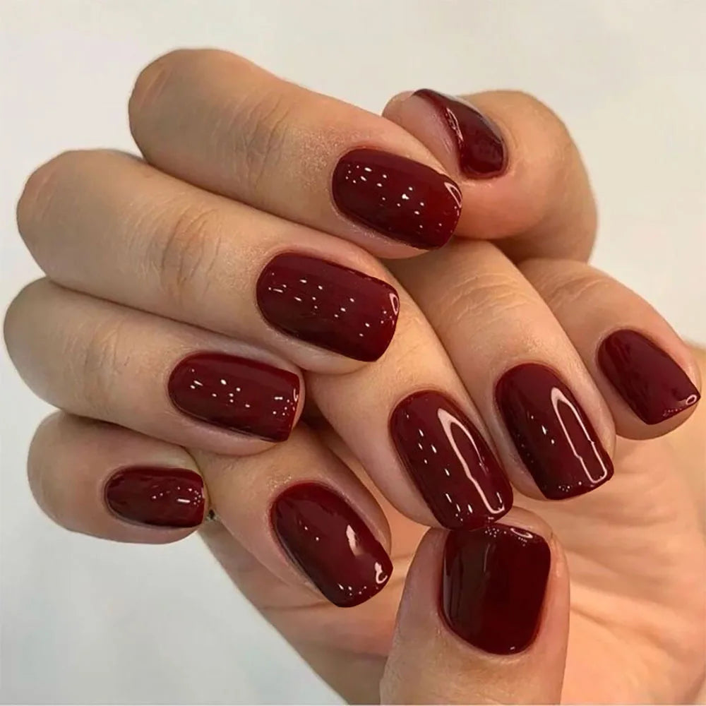 24Pcs Solid Color Wine Red Design Fake Nail Short Square Press on False Nails Simple Detachable Finished Full Cover Nail Tips