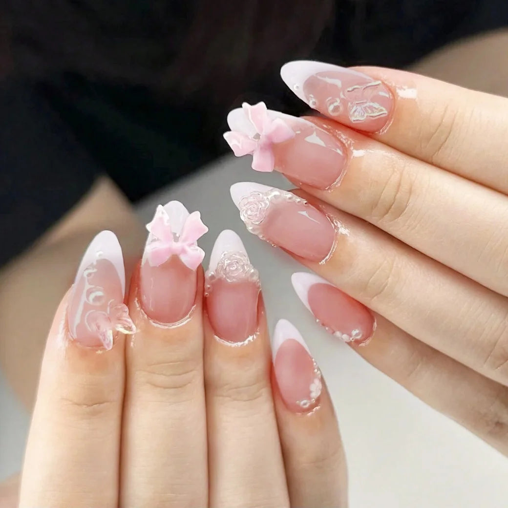 24pcs Sweet False Nail Patches Detachable Fake Nail Tips With Bowknots Love Heart Pearl Design Pink Almond Korean Press On Nail