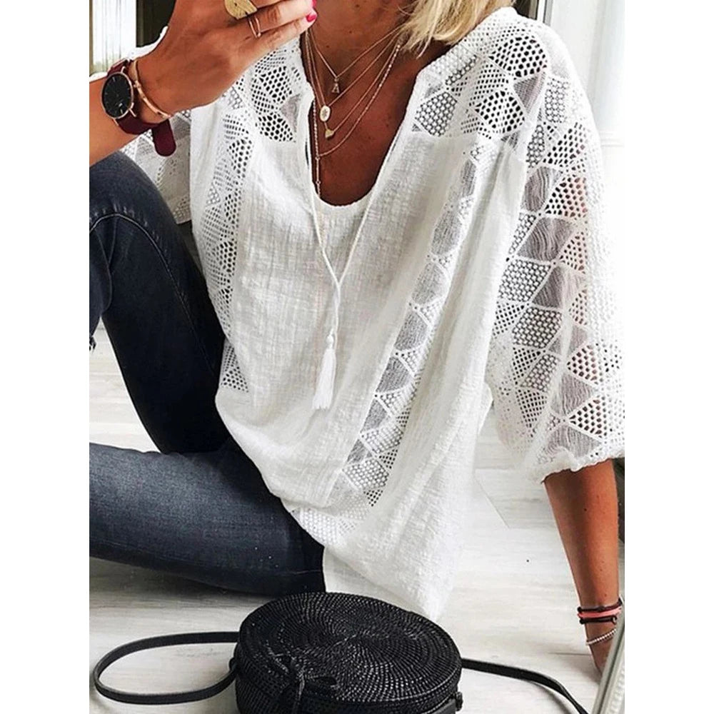 Plus Size L-5XL Blouse Cotton Linen Patchwork Lace U-neck Women Draw String Hollow Tops Summer Elegant Three Quarter Sleeve Tees